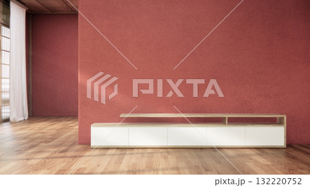 Cabinet on red room wooden interior wabisabi and decoration japanese style.3D rendering 132220752