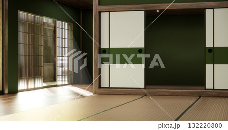 Green dark wall empty room, Modern japanese tatami mat floor, room japanese traditional style. 3D rendering 132220800