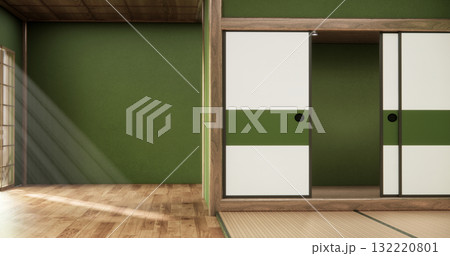 Green dark wall empty room, Modern japanese tatami mat floor, room japanese traditional style. 3D rendering Green dark wall empty room, Modern japanese tatami mat floor, room japanese traditional style. 3D rendering 132220801