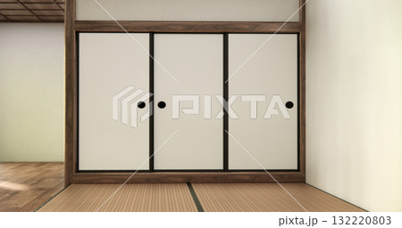 Interior, Empty room with door paper and tatami mat floor room modern style. 3D rendering Interior, Empty room with door paper and tatami mat floor room modern style. 3D rendering 132220803