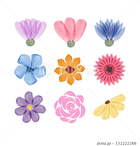 Nine unique flower designs using watercolor effects are shown in a grid on a white background. The flowers include shades of pink, purple, blue, yellow, and orange. 132222266