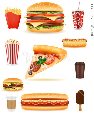 fast food pizza hamburger drink french fries coffee popcorn hot dog ice cream cartoon stock vector illustration isolated fast food pizza hamburger drink french fries coffee popcorn hot dog ice cream cartoon stock vector illustration isolated 132222334