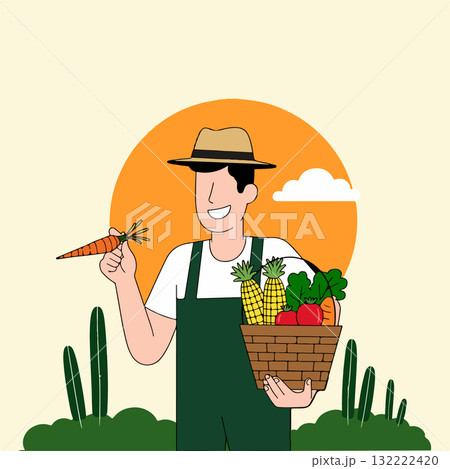 Happy Farmer with Harvested Vegetables 132222420