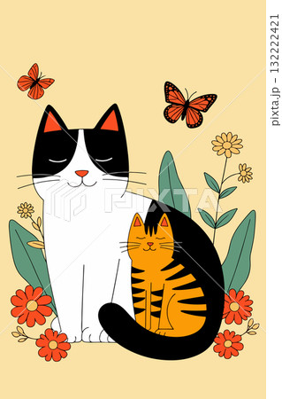 Stylized Cats and Butterflies Illustration 132222421