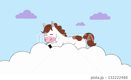 Cartoon Horse Sleeping on a Cloud 132222488