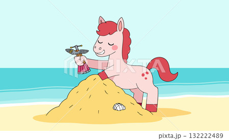 Cartoon Horse on Beach with Artifact Cartoon Horse on Beach with Artifact 132222489