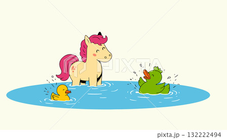 Cartoon Pony and Ducks in Water 132222494