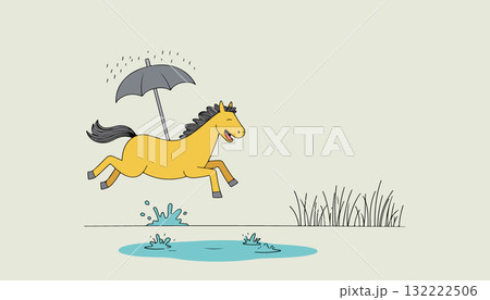Cartoon Horse with Umbrella Jumping in Puddles 132222506