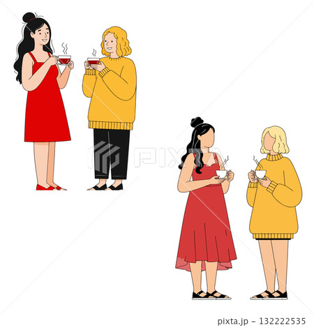 Two pairs of women drinking tea 132222535