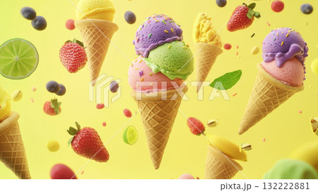 Floating Ice Cream Cones with Fruits and Toppings on Yellow Background 132222881