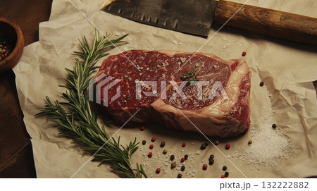 Raw Ribeye Steak with Seasonings and Cleaver 132222882