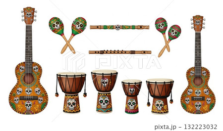 Day of the dead musical instruments with vibrant decorative skulls design. concept of dia de los muertos art, cultural celebration, festive decor, SET. 132223032
