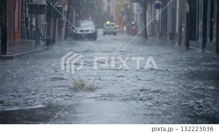 都市型集中豪雨の被害、道路一面に水が溢れる暗く憂鬱な風景 都市型集中豪雨の被害、道路一面に水が溢れる暗く憂鬱な風景 132223036