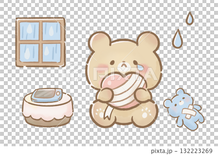 Sad bear illustration / Set of illustrations of a bear holding a bandaged heart Sad bear illustration / Set of illustrations of a bear holding a bandaged heart 132223269