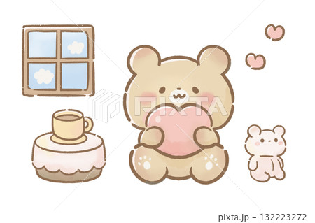 ハートを持ってリラックスするくまの癒し系イラストセット 132223272