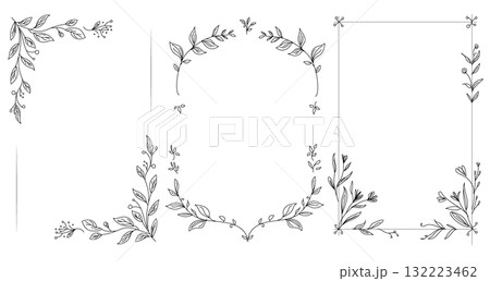 手手描き植物フレームセット ボタニカル枠素材 葉と枝の装飾 132223462