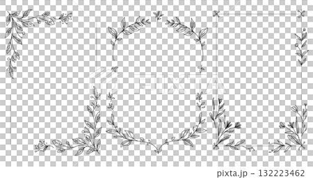 手手描き植物フレームセット ボタニカル枠素材 葉と枝の装飾 132223462