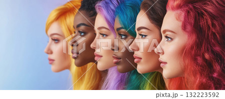 Diverse Women with Vibrant Hair Colors in Profile View Diverse Women with Vibrant Hair Colors in Profile View 132223592