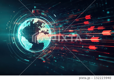 A computer generated image of a planet with arrows shooting out from it 132223940