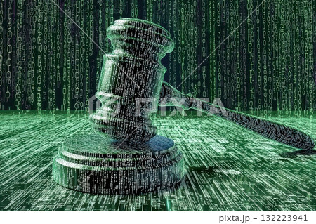 A gavel is shown in a green background with a lot of numbers 132223941