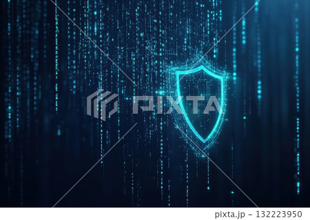 A blue and green shield with a glowing symbol on it 132223950