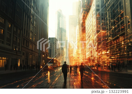 Urban Cityscape at Dusk with People Walking and Light Reflections in Skyscraper Environment Urban Cityscape at Dusk with People Walking and Light Reflections in Skyscraper Environment 132223991