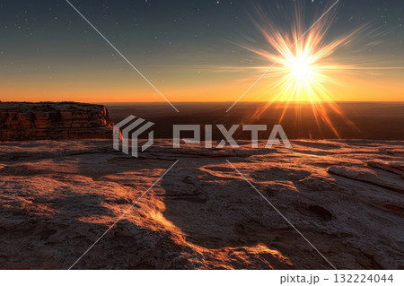 A bright sun is shining on a rocky desert landscape A bright sun is shining on a rocky desert landscape 132224044