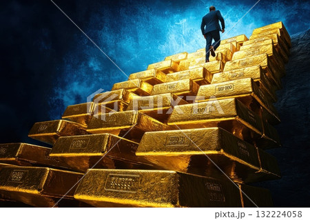 A man is running up a gold-filled staircase A man is running up a gold-filled staircase 132224058
