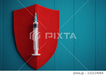 A syringe is stuck in a red shield 132224064