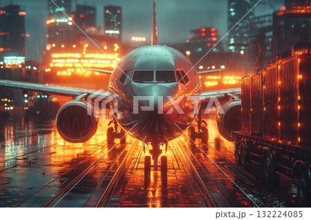 A plane is sitting on a wet runway in the rain A plane is sitting on a wet runway in the rain 132224085
