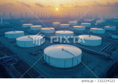 Aerial View of Industrial Oil Storage Tanks at Sunset with Smokestacks in Background Aerial View of Industrial Oil Storage Tanks at Sunset with Smokestacks in Background 132224122