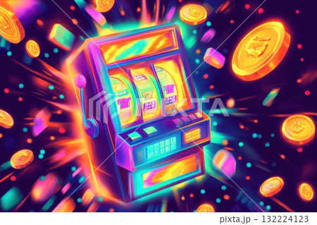 Neon Slot Machine Surrounded by Floating Coins and Vibrant Light Effects in a Dark Background 132224123