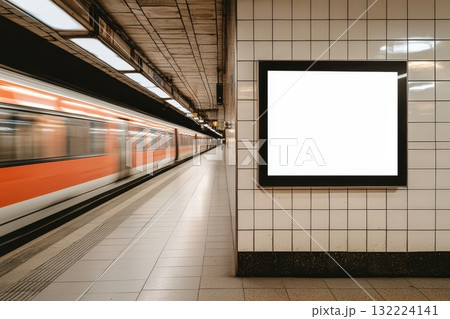 Motion Blur Subway Train Passing By Blank Advertising Board in Urban Environment Motion Blur Subway Train Passing By Blank Advertising Board in Urban Environment 132224141