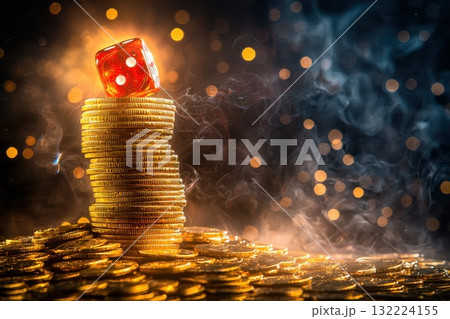 Red Dice on Top of Golden Coins with Blurred Lights and Smoke Background for Gambling Theme Red Dice on Top of Golden Coins with Blurred Lights and Smoke Background for Gambling Theme 132224155