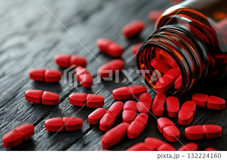 Red Pills Spilled from Brown Bottle on Dark Wooden Surface Creating a Striking Visual Appeal 132224160