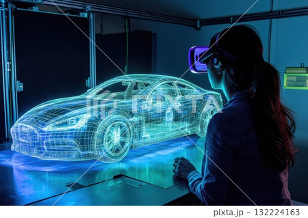 Virtual Reality Experience of 3D Car Model Displayed in High-Tech Laboratory Environment Virtual Reality Experience of 3D Car Model Displayed in High-Tech Laboratory Environment 132224163