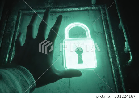 Glowing Lock Icon with Hand Reaching Out in a Mysterious Dark Environment Glowing Lock Icon with Hand Reaching Out in a Mysterious Dark Environment 132224167
