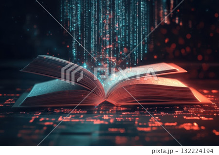 A book is open to a page with a glowing blue and red background A book is open to a page with a glowing blue and red background 132224194