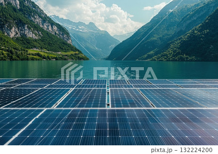 A solar panel field is shown with a body of water in the background 132224200