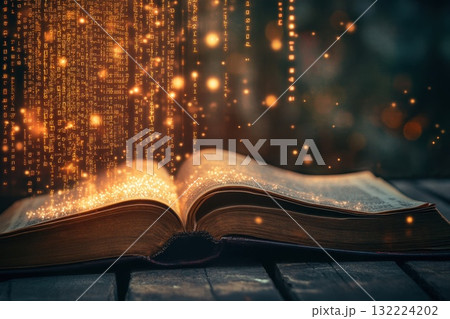 A book is open to a page with a lot of glowing numbers A book is open to a page with a lot of glowing numbers 132224202