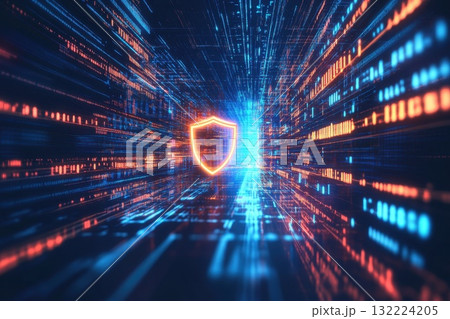 A glowing blue and orange shield is displayed in a futuristic cityscape 132224205