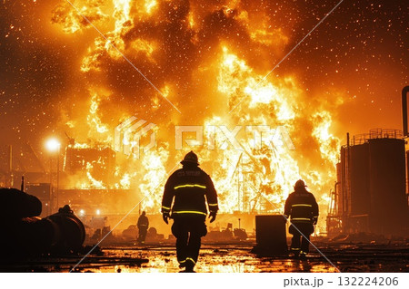 Two firefighters are walking through a burning building Two firefighters are walking through a burning building 132224206