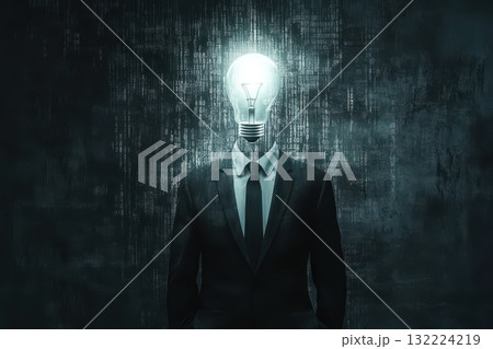 Businessman with Light Bulb for Head Symbolizing Creativity and Innovative Ideas in Technology 132224219