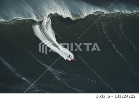 Surfer Riding a Giant Wave in Dramatic Ocean Landscape Captured from Above 132224222