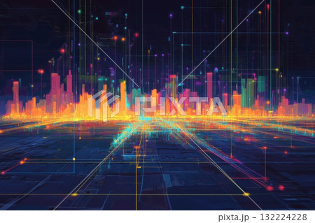 Futuristic City Skyline with Colorful Data Visualization and Bright Neon Lines 132224228