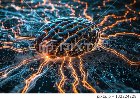 Futuristic Digital Brain Concept with Neural Connections and Glowing Electric Signals Futuristic Digital Brain Concept with Neural Connections and Glowing Electric Signals 132224229