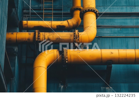Industrial Yellow Pipes on Blue Wall, Abstract Patterns and Textures in Urban Environment 132224235