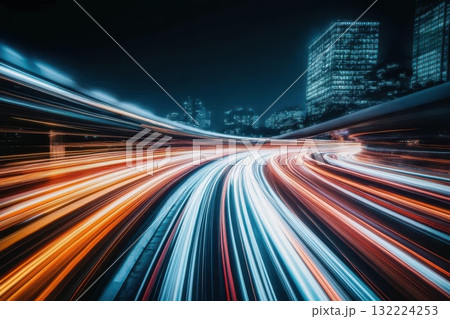 Dynamic Night Cityscape with Light Trails and Urban Skyline in Motion Blur Effect Dynamic Night Cityscape with Light Trails and Urban Skyline in Motion Blur Effect 132224253