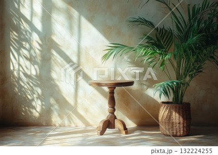 Wooden Table and Potted Plant Casting Shadows in Sunlit Room with Textured Wall Wooden Table and Potted Plant Casting Shadows in Sunlit Room with Textured Wall 132224255