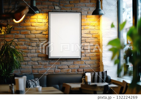 Cozy cafe interior with empty frame on a brick wall and warm lighting ambiance Cozy cafe interior with empty frame on a brick wall and warm lighting ambiance 132224269